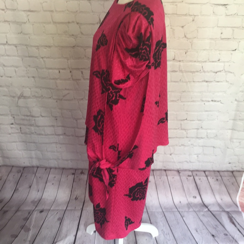 Vintage 80’s TF Satin Floral Bright Pink Knee Length Peplum Dress - Picture 10 of 14
